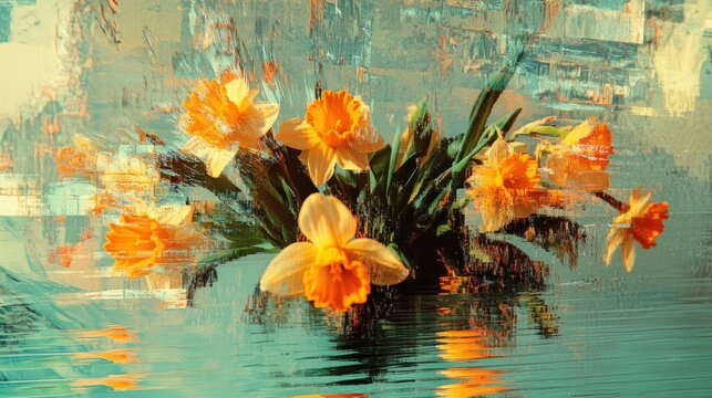 Delicate daffodils in still water.  A bouquet of pale yellow and orange daffodils rests on a reflective surface.  The image features a soft, textured background, with muted tones and abstract patterns