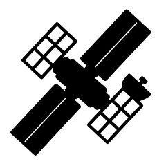 Black and white simple illustration of a satellite orbiting in outer space