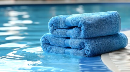 Folded blue towels resting on pool water's edge.