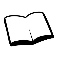 Simple black and white drawing of an open book with blank pages
