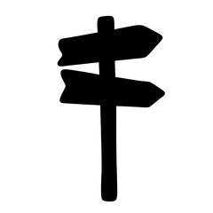 Silhouette of a wooden signpost pointing in two opposite directions isolated