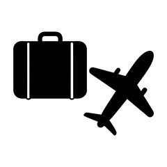 Suitcase and Airplane Silhouette Representing Travel and Vacations on a White Background