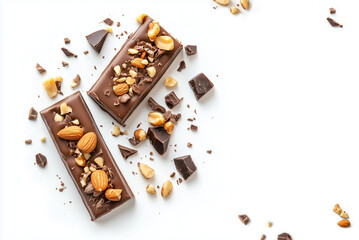 Dark chocolate bars with nuts on white background. Homemade organic chocolate. Top view.