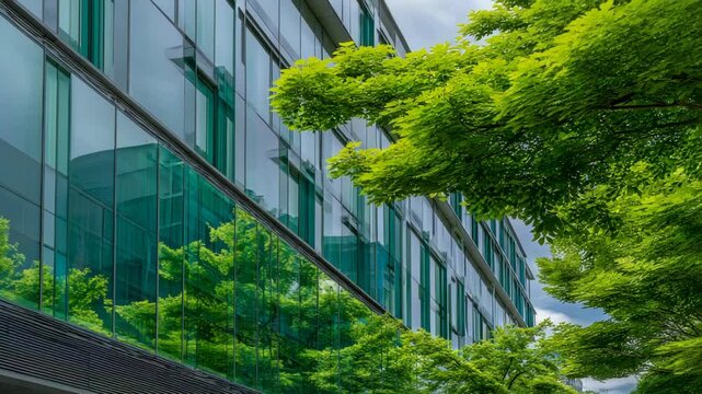 Modern architecture of a glassy office building exterior reflecting green trees and sky on a partly cloudy day in an urban environment.