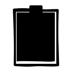 Stylized black clipboard silhouette with thick outline and rounded corners for notes