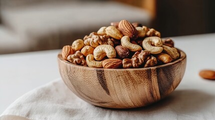 Wooden bowl filled with mixed nuts on light cloth and loose walnuts.