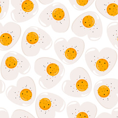Fried egg pattern. Seamless print of eggs with yellow yolk heart shape, cartoon cooking breakfast food, healthy protein diet, organic farm chicken egg products. Vector texture