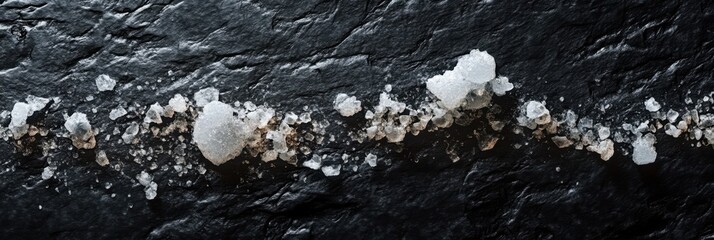 Coarse salt crystals on dark slate background forming a textured culinary border
