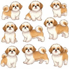 Obraz premium Adorable Shih Tzu Puppies Illustration Set