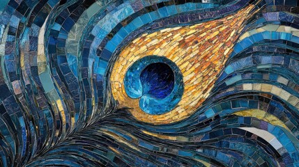 Detailed peacock feather mosaic art