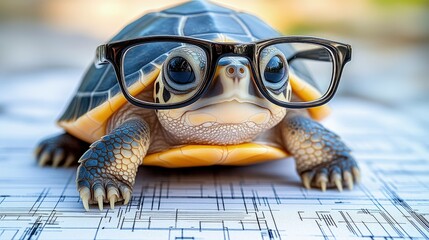 Cute turtle in glasses on architectural plans
