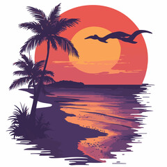 Tropical Beach Sunset With Palm Trees And Bird Silhouette In Vector Illustration Art