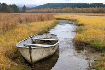 Obraz premium Empty Rowboat in Autumn Marsh
