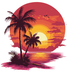 Obraz premium Tropical Paradise Sunset With Palm Trees And Ocean View Illustration,Evening Sky,Vibrant Colors