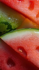 Close-up of fresh juicy watermelon slices showing red pulp, seeds, and green rind
Close-up of fresh juicy watermelon slices showing red pulp, seeds, and green rind
