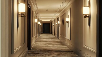Hotel corridor with striped carpet and wall lamps leading to potted plant.