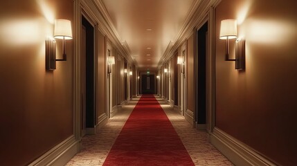 Hotel corridor with striped carpet and wall lamps leading to potted plant.