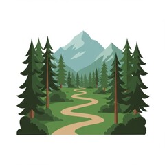 Winding Path Through a Green Forest Towards Snowy Mountain