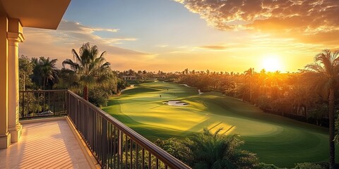  Luxury balcony overlooking golf course with palm trees at sunset.