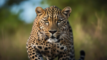 Fototapeta premium Leopard resting on a rock and climbing a tree in the wild jungle