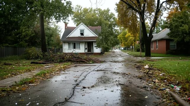 A once-beautiful neighborhood now in ruins, with a home missing its roof, shattered windows, and fallen trees, illustrating the aftermath of extreme weather.