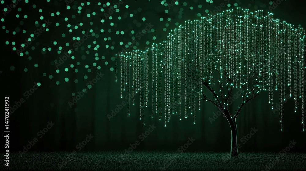 Poster digital tree with glowing lights and dark green background