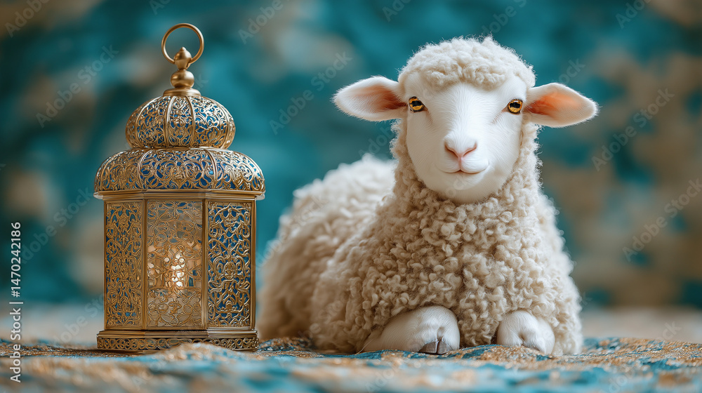 Fototapete /imagine prompt:realistic sheep beside elegant podium with islamic lantern and crescent moon, gold a