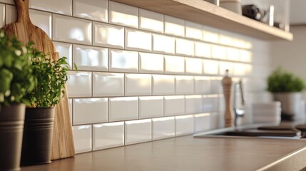 White subway tile kitchen backsplash with herbs, cutting boards, and modern counter decor