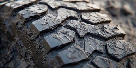 Mud-covered car tire tread with rugged texture and close-up view of deep rubber patterns