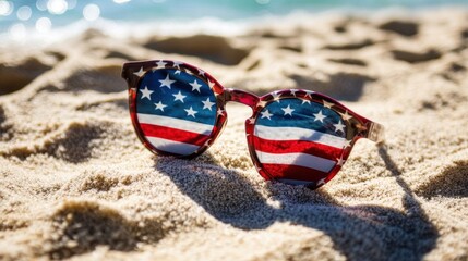 American flag sunglasses resting in sand on sunny beach symbolizing summer and patriotism