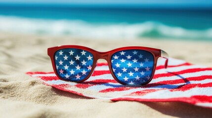 Patriotic sunglasses on American flag towel at sunny beach with ocean in background