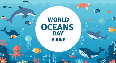 Naklejka premium World Ocean Day - Illustration with Marine Animals