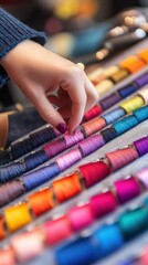 A close-up of a sewing machine eedle stitching through fabric, hands working with precision, soft lighting casting gentle shadows,