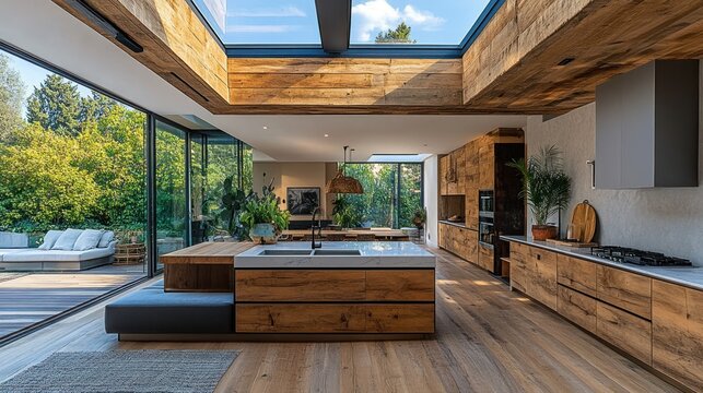 Modern open-plan kitchen with wood accents, large windows, and skylight