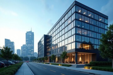 Obraz premium Modern office building exterior, glass facade, city skyline , innovation, structure, property