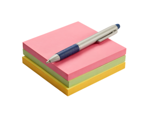 Colorful sticky notes and pen on a white background