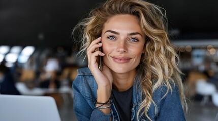 Fototapeta premium Busy female freelancer engaged in a client call at a lively cafeteria during a sunny afternoon