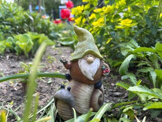 A garden gnome in the grass 