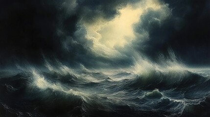 Obraz premium Dramatic painting of stormy sea under dark clouds with light piercing through.
