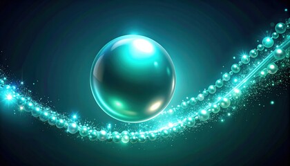 Glowing Teal Sphere with Sparkling Particle Trail Abstract Background Design