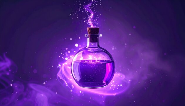 Magical purple potion in a glass bottle with swirling purple smoke and sparkles A mystical fantasy elixir