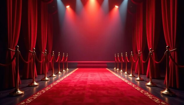 Glamorous theater red carpet, shimmering lights, elegant setting , glitter, stage, dress