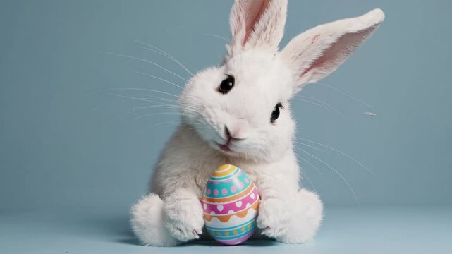 Curious white rabbit engages with colorful easter egg in playful studio setting