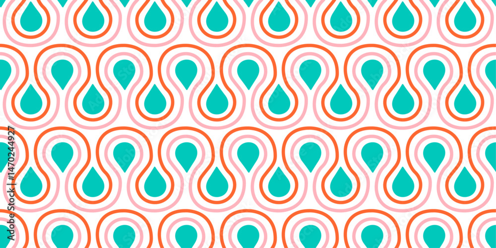 Poster retro water drop pattern. the droplets are teal and are surrounded by curved lines in orange and pin