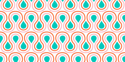 Retro Water Drop Pattern. The droplets are teal and are surrounded by curved lines in orange and pink. The background is white, providing a clean contrast to the colorful elements.