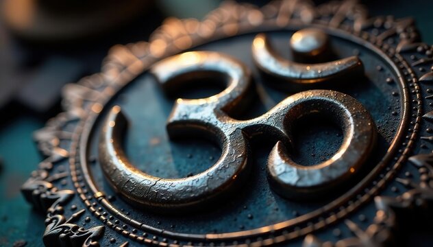 Close-up of an ornate silver Om symbol, a sacred Hindu mantra representing the universe , close-up, tradition, design