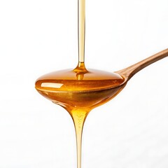Honey Dripping from Wooden Spoon on White Background