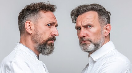 Fototapeta premium Two Skeptical Middle-Aged Men in White Shirts
