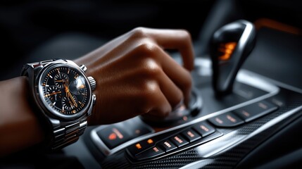 Woman's hand skillfully shifting gears in a modern car interior during a drive