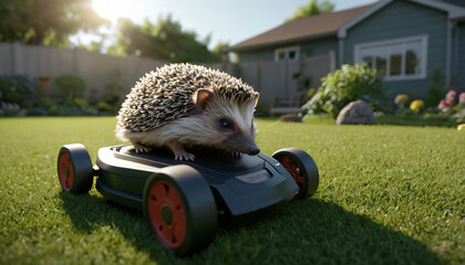Hedgehog on Robotic Lawn Mower in Grassy Yard